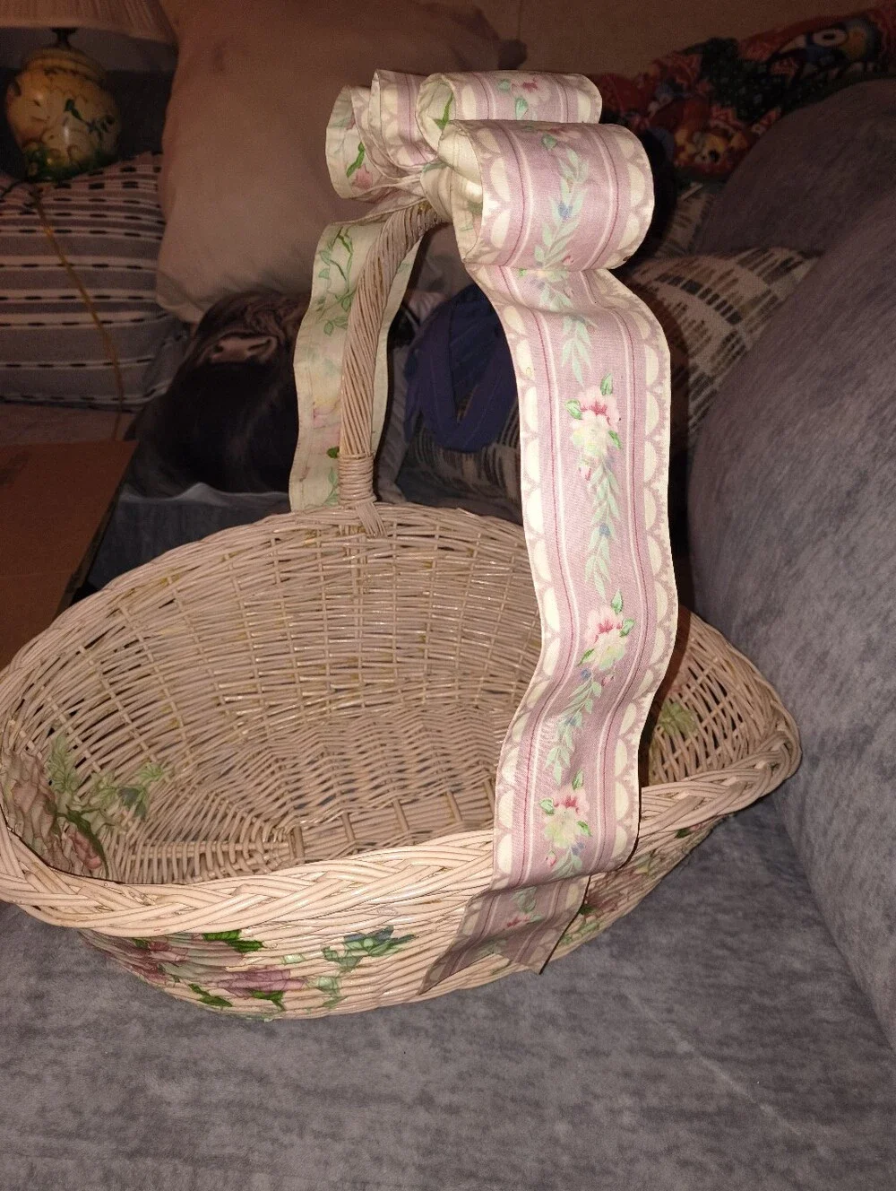 Vintage Woven Pink Floral Ribbon Basket Bag